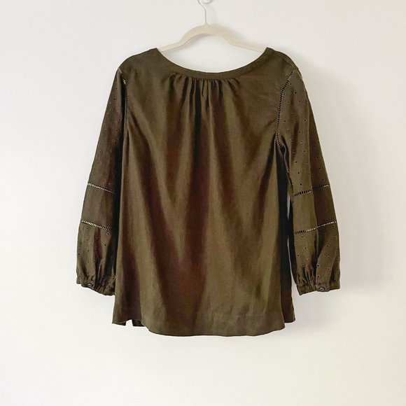 J. Crew Circle Eyelet Cut Out 100% Linen Blouse in Dark Moss Size Large … - Picture 4 of 6